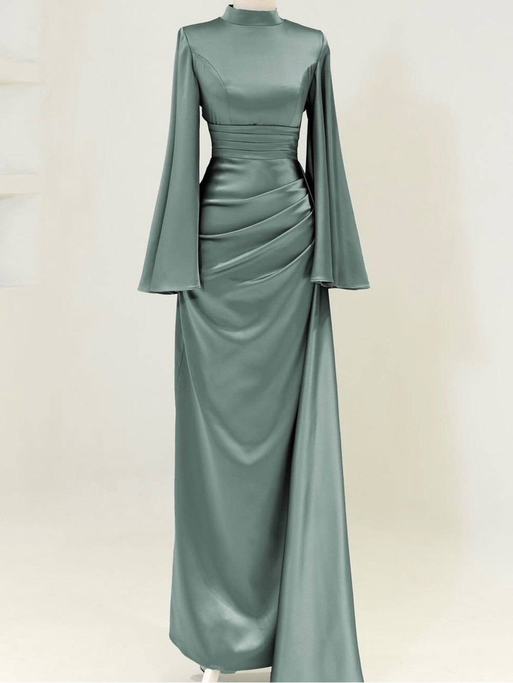 Satin Maxi Dress in Sage Green with Draped Waist